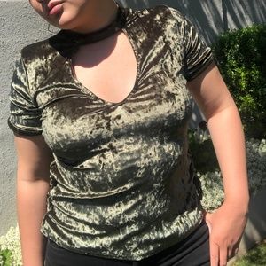 Green Velvet Triangle Cut Out Short Sleeve Top
